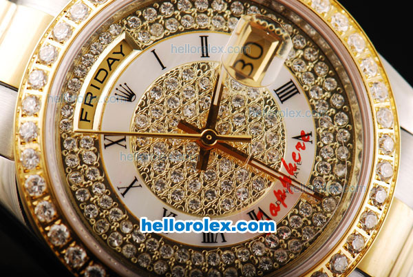 Rolex Day-Date Automatic Movement Diamond Dial with Gold/Diamond Bezel and Black Roman Numeral Marker-Two Tone Strap - Click Image to Close